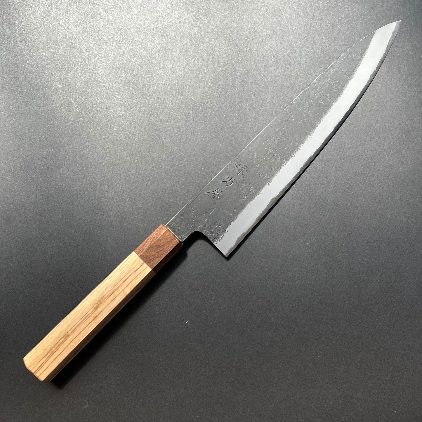 Gyuto knife, Shirogami 2 with stainless steel cladding, Kurouchi and Nashiji finish - Mutsumi Hinoura