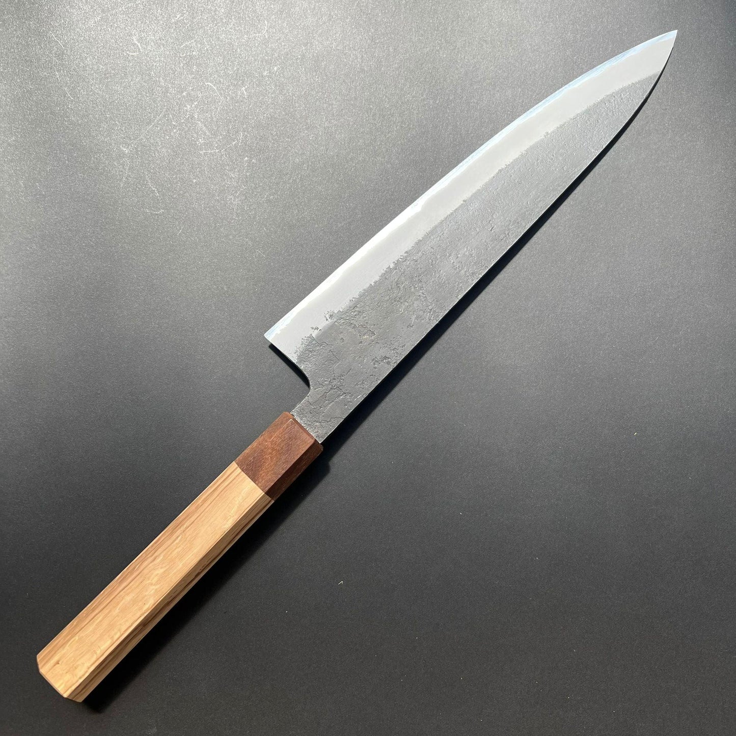 Gyuto knife, Shirogami 2 with stainless steel cladding, Kurouchi and Nashiji finish - Mutsumi Hinoura