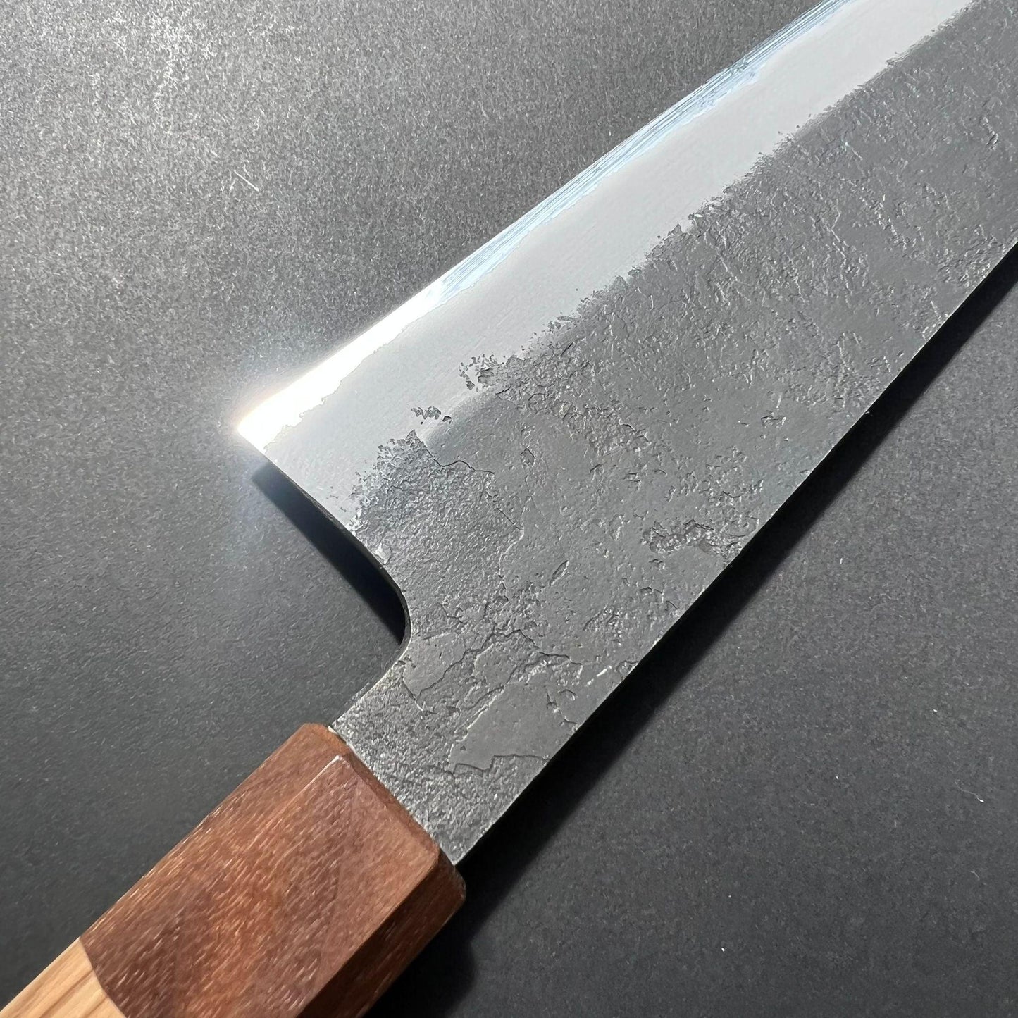 Gyuto knife, Shirogami 2 with stainless steel cladding, Kurouchi and Nashiji finish - Mutsumi Hinoura