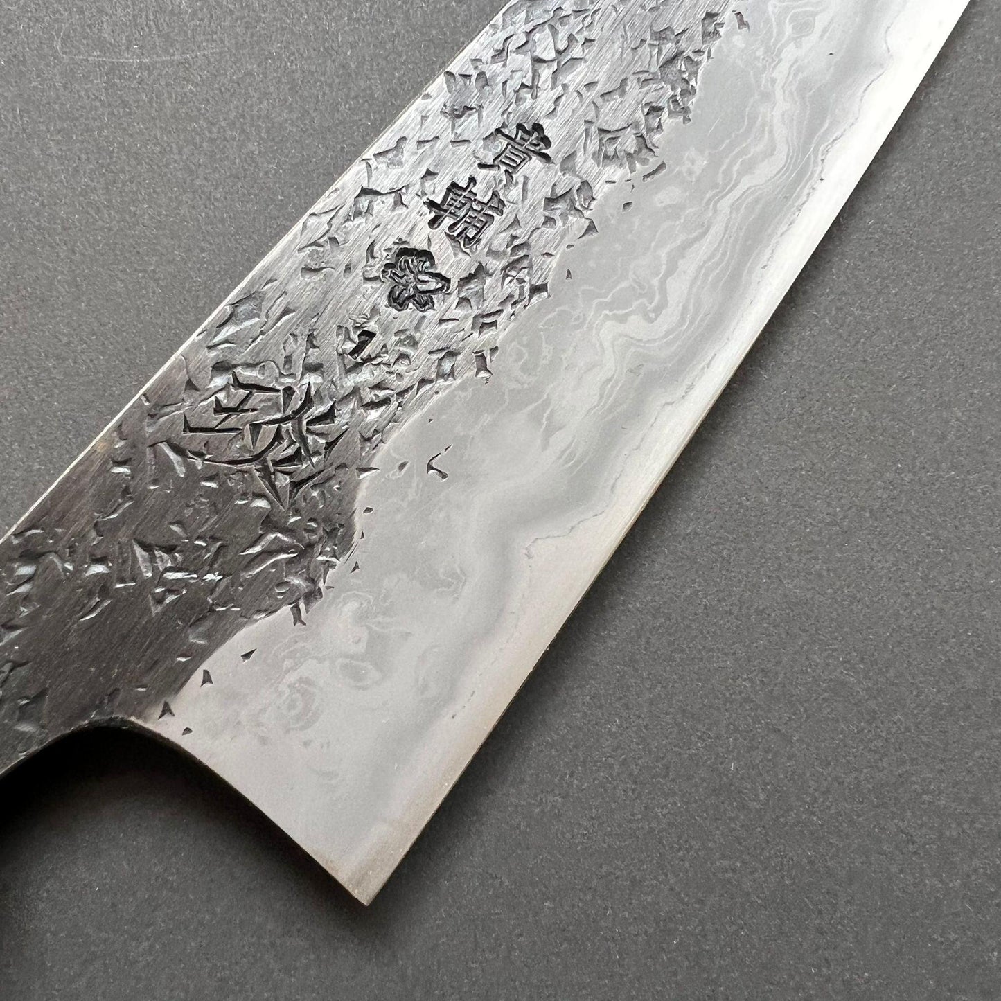 Gyuto knife, Aogami 1 with soft iron / Aogami 2 Damascus and Kurouchi finish - Manaka Kisuke
