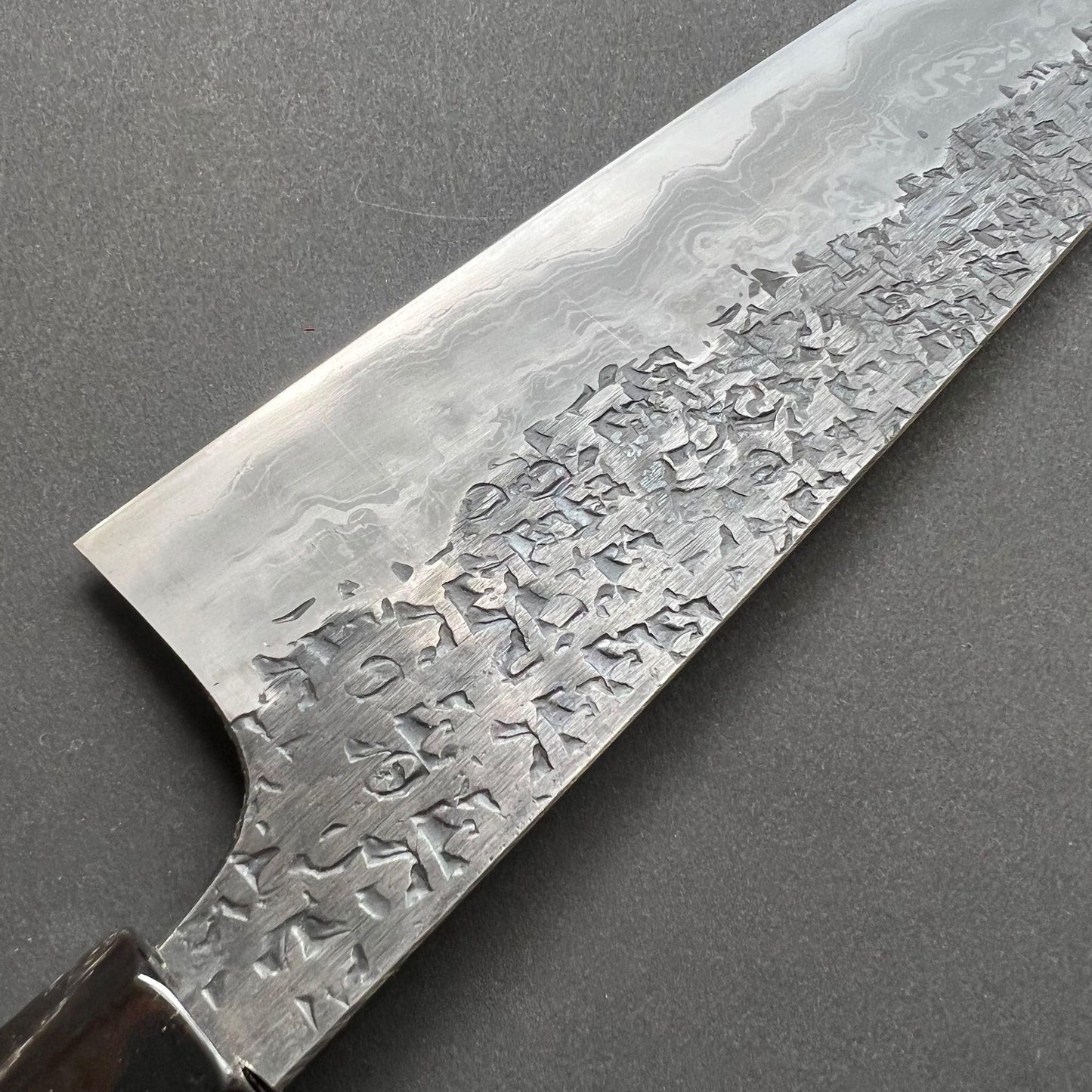 Gyuto knife, Aogami 1 with soft iron / Aogami 2 Damascus and Kurouchi finish - Manaka Kisuke