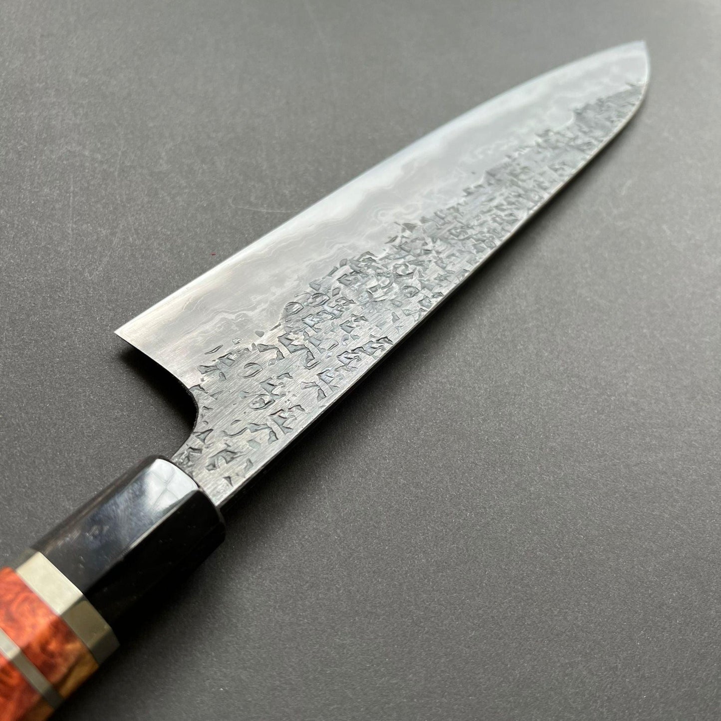 Gyuto knife, Aogami 1 with soft iron / Aogami 2 Damascus and Kurouchi finish - Manaka Kisuke