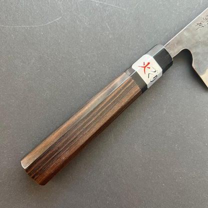 Santoku knife, Aogami super with stainless steel cladding, Tsuchime Kurouchi finish, Denka range, Ebony wood handle - Fujiwara