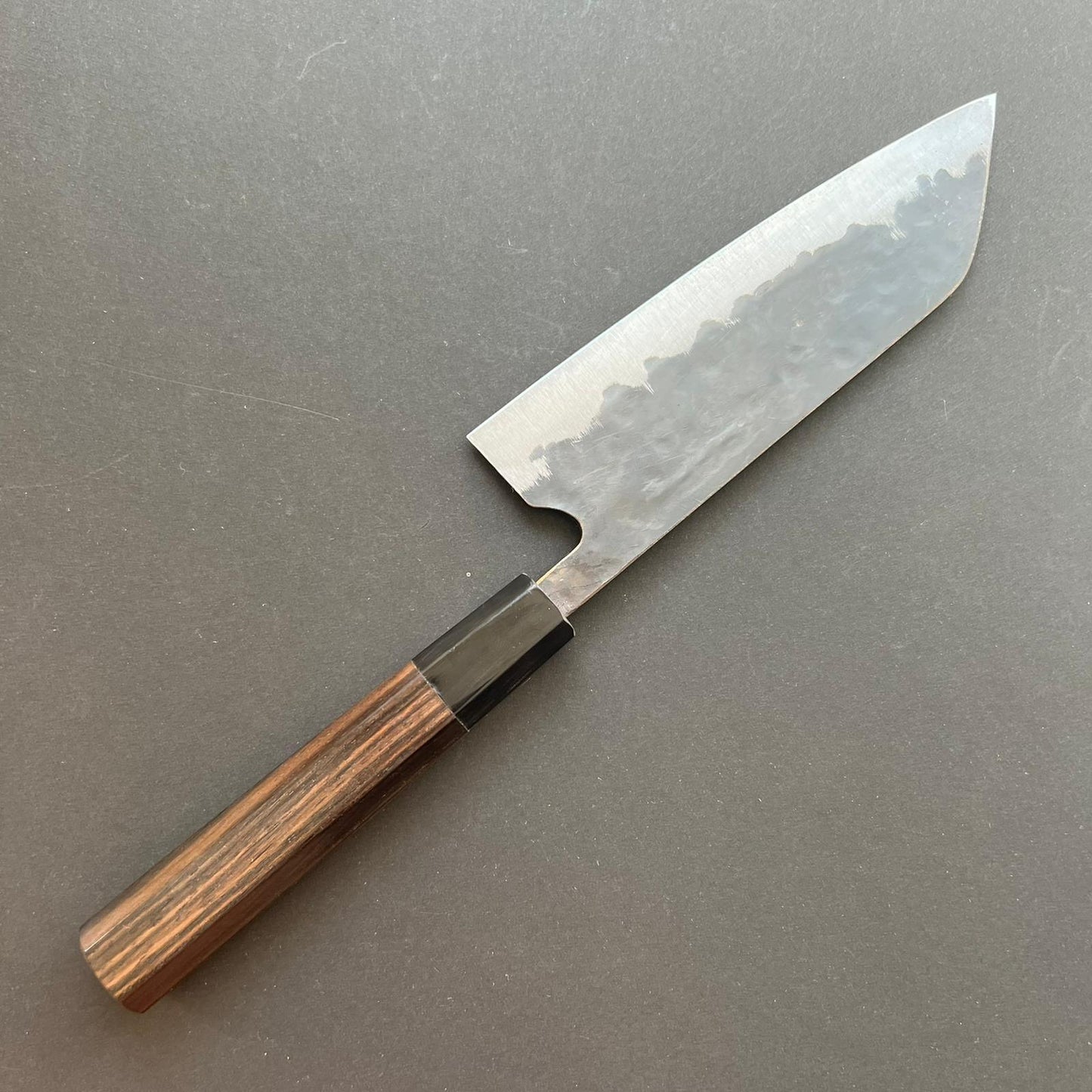 Santoku knife, Aogami super with stainless steel cladding, Tsuchime Kurouchi finish, Denka range, Ebony wood handle - Fujiwara