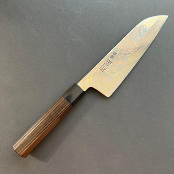 Santoku knife, Aogami 2, Stainless Steel clad, Coloured damascus finish - Tsukasa Hinoura
