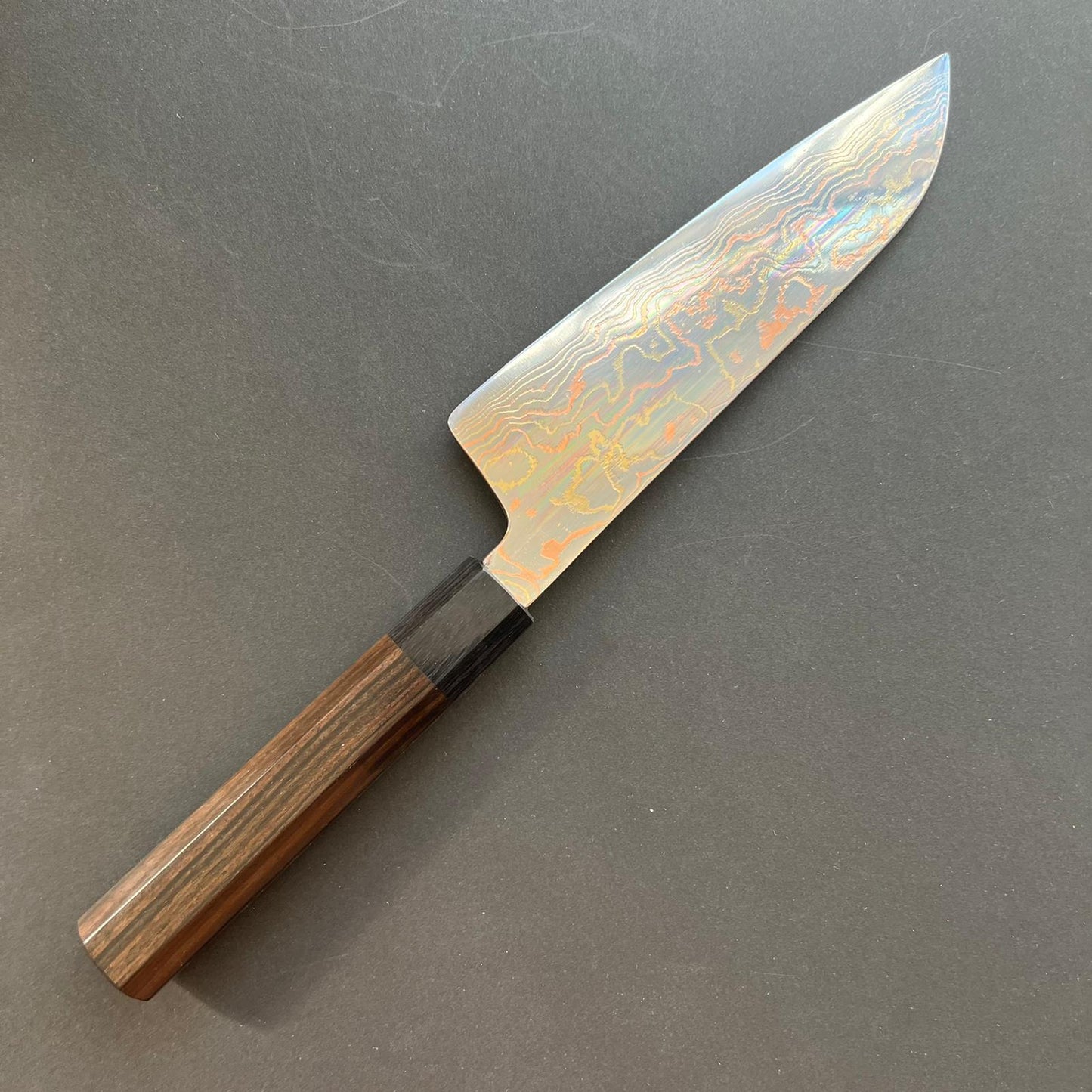 Santoku knife, Aogami 2, Stainless Steel clad, Coloured damascus finish - Tsukasa Hinoura