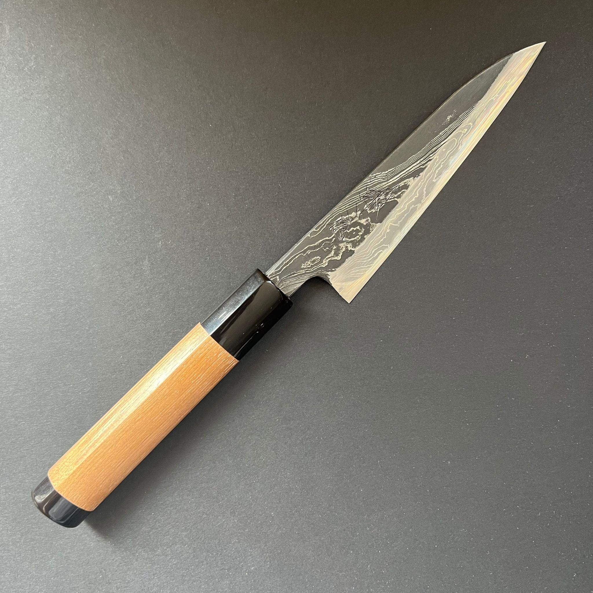 Petty knife, Shirogami 2 with Warikomi constructed iron cladding, River Jump series, handmade Damascus finish - Tsukasa Hinoura