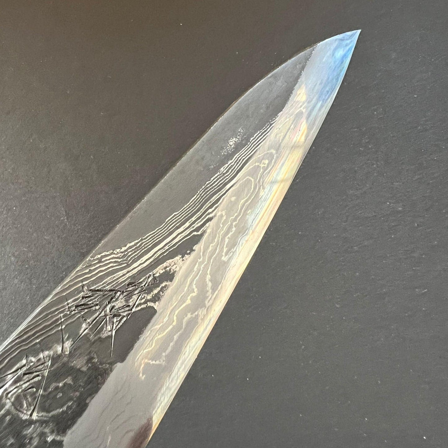 Petty knife, Shirogami 2 with Warikomi constructed iron cladding, River Jump series, handmade Damascus finish - Tsukasa Hinoura