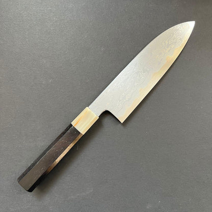 Santoku knife, Aogami 1 carbon steel, Damascus finish - Nakagawa Hamono x Naohito Myojin