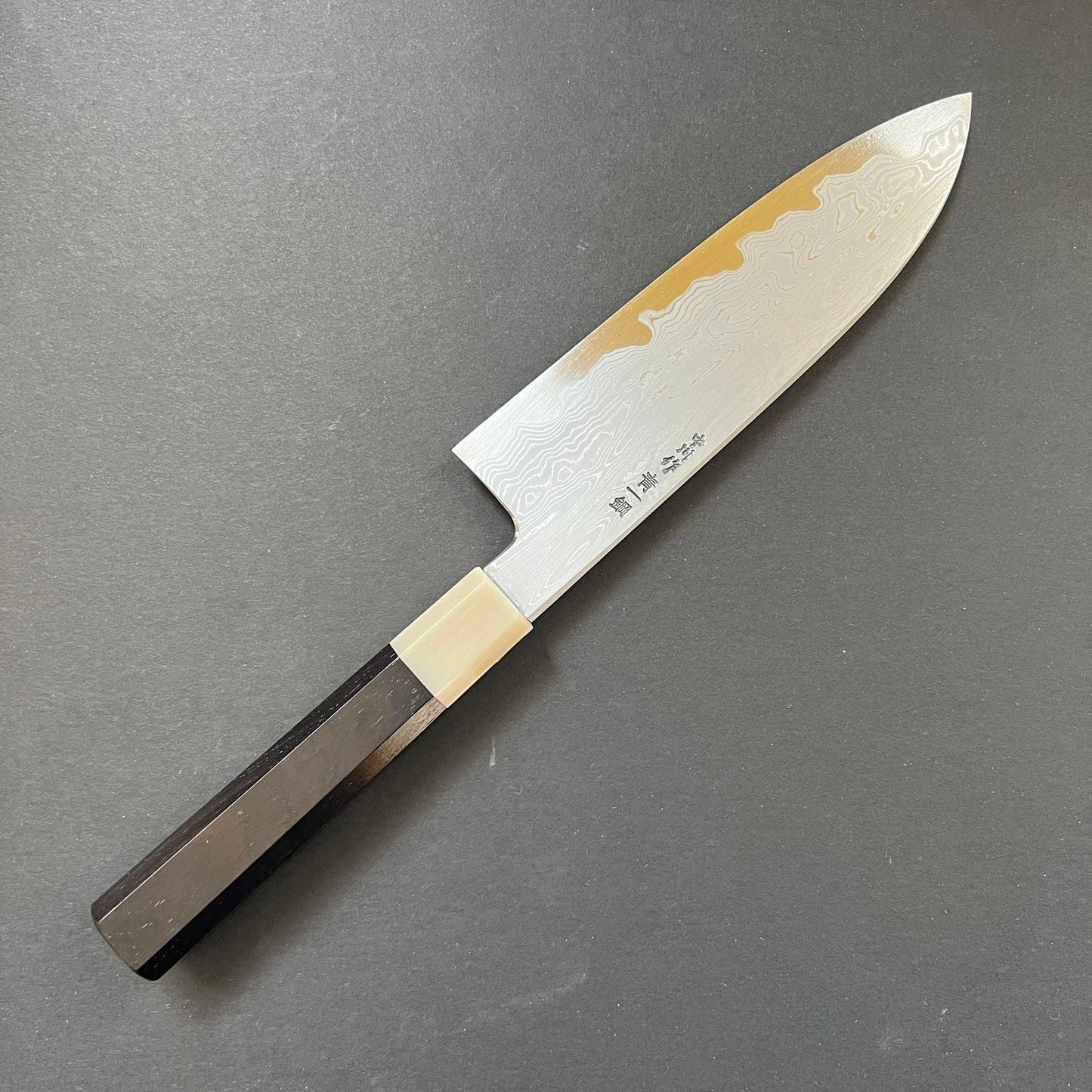 Santoku knife, Aogami 1 carbon steel, Damascus finish - Nakagawa Hamono x Naohito Myojin