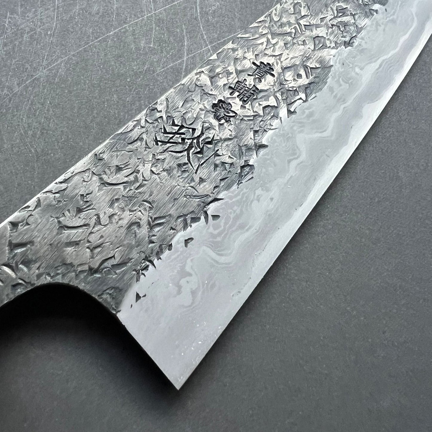 Gyuto knife, Aogami 1 with soft iron cladding,  Damascus and Kurouchi finish - Manaka Kisuke