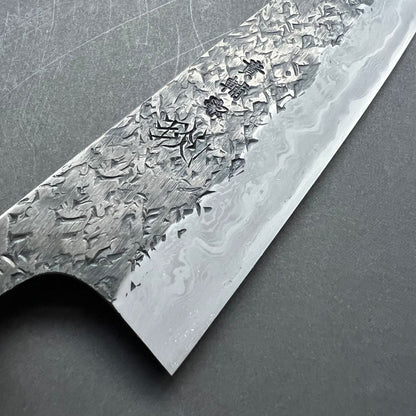 Gyuto knife, Aogami 1 with soft iron cladding,  Damascus and Kurouchi finish - Manaka Kisuke