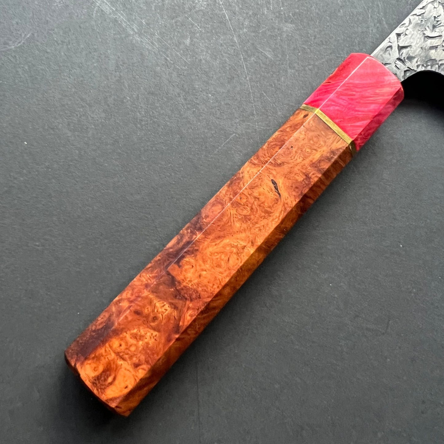 Gyuto knife, Aogami 1 with soft iron cladding,  Damascus and Kurouchi finish - Manaka Kisuke