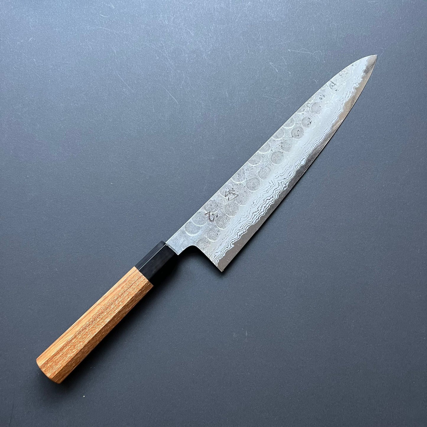 Gyuto knife, Aogami super with iron cladding, damascus tsuchime and nashiji finish, Inazuma range - Hatsukokoro