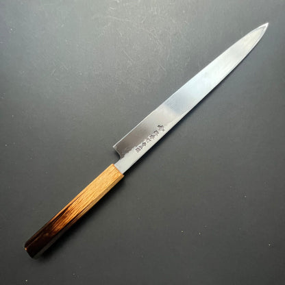 Yanagiba knife, Aogami 2 carbon steel with iron cladding, Kurouchi and Tsuchime finish, Homura series - Sakai Takayuki