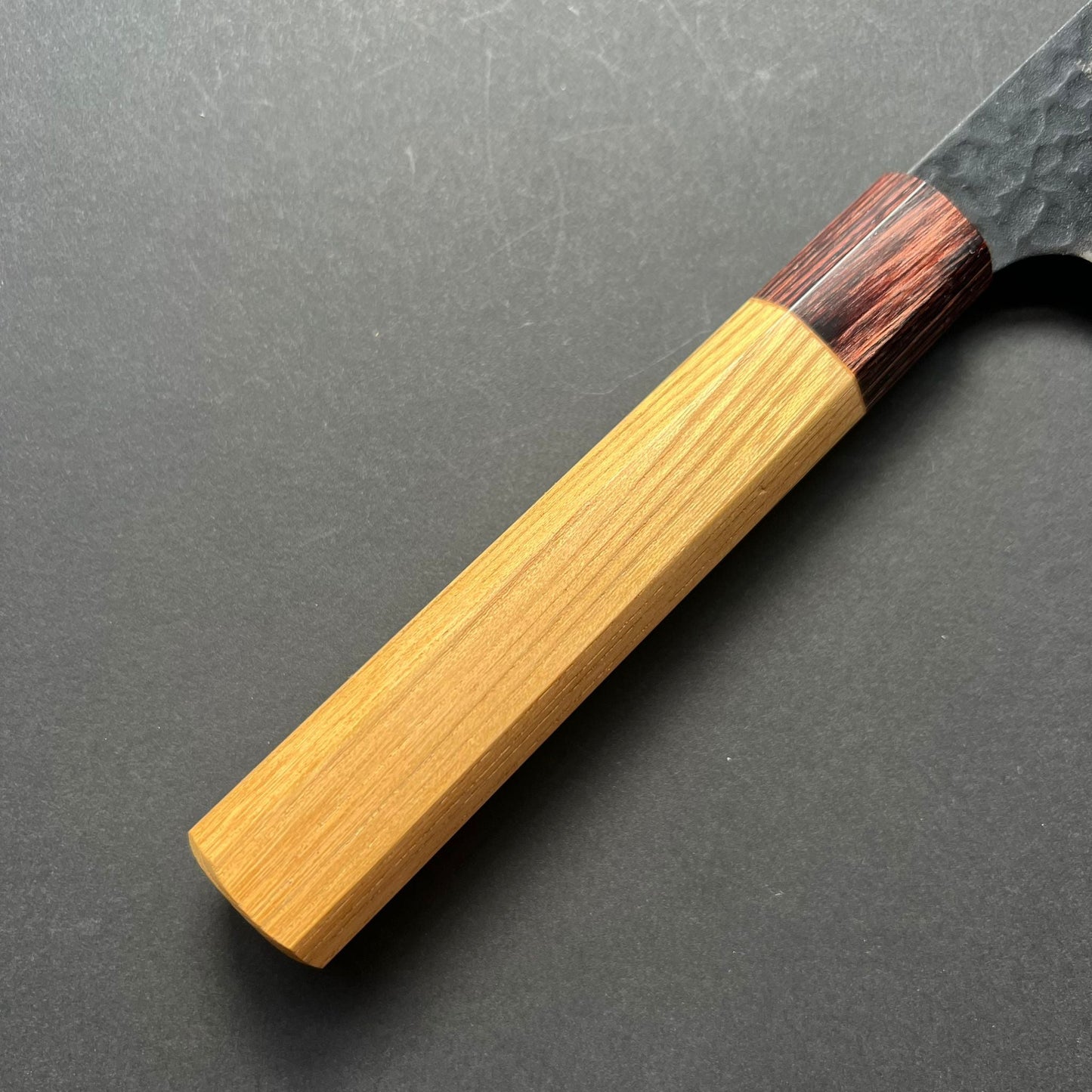 Kengata Gyuto knife, Aogami Super carbon steel with stainless steel cladding, Kurouchi Tsuchime finish, Wa handle - Sakai Takayuki