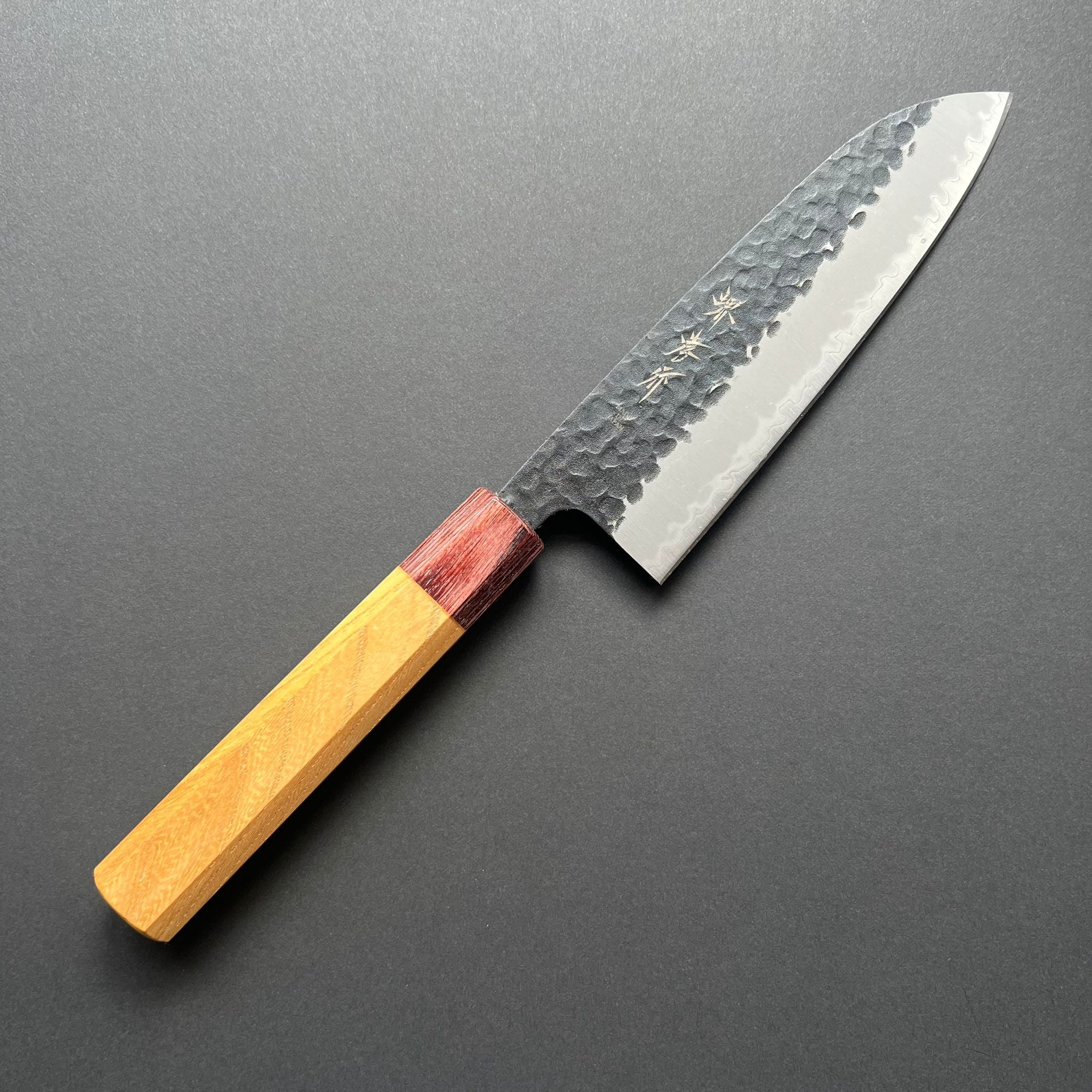 Santoku knife, Aogami Super carbon steel with stainless steel cladding, Kurouchi Tsuchime finish, Wa handle - Sakai Takayuki