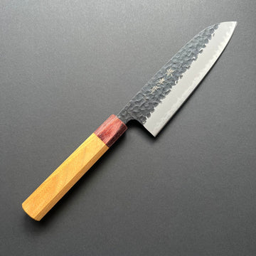 Santoku knife, Aogami Super carbon steel with stainless steel cladding, Kurouchi Tsuchime finish, Wa handle - Sakai Takayuki