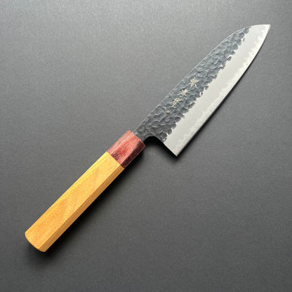 Santoku knife, Aogami Super carbon steel with stainless steel cladding, Kurouchi Tsuchime finish, Wa handle - Sakai Takayuki