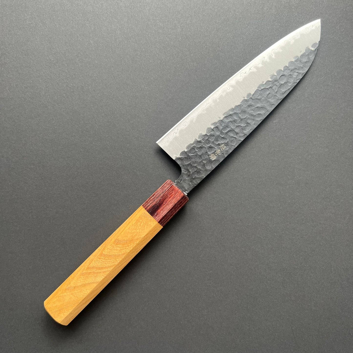 Santoku knife, Aogami Super carbon steel with stainless steel cladding, Kurouchi Tsuchime finish, Wa handle - Sakai Takayuki