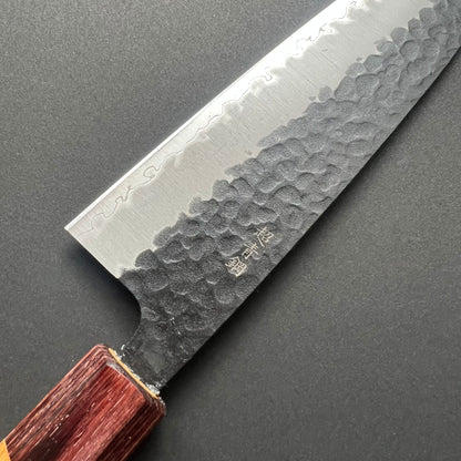 Santoku knife, Aogami Super carbon steel with stainless steel cladding, Kurouchi Tsuchime finish, Wa handle - Sakai Takayuki