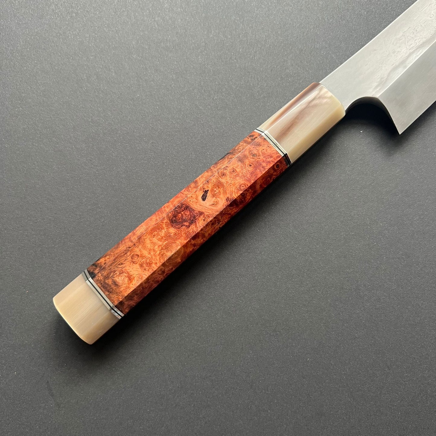 Honyaki Kiritsuke Yanagiba knife, Shirogami 1 Carbon Steel, etched finish - Nigara