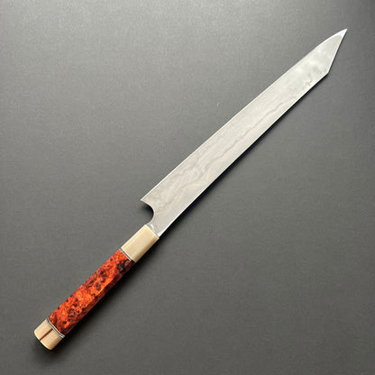 Honyaki Kiritsuke Yanagiba knife, Shirogami 1 Carbon Steel, etched finish - Nigara