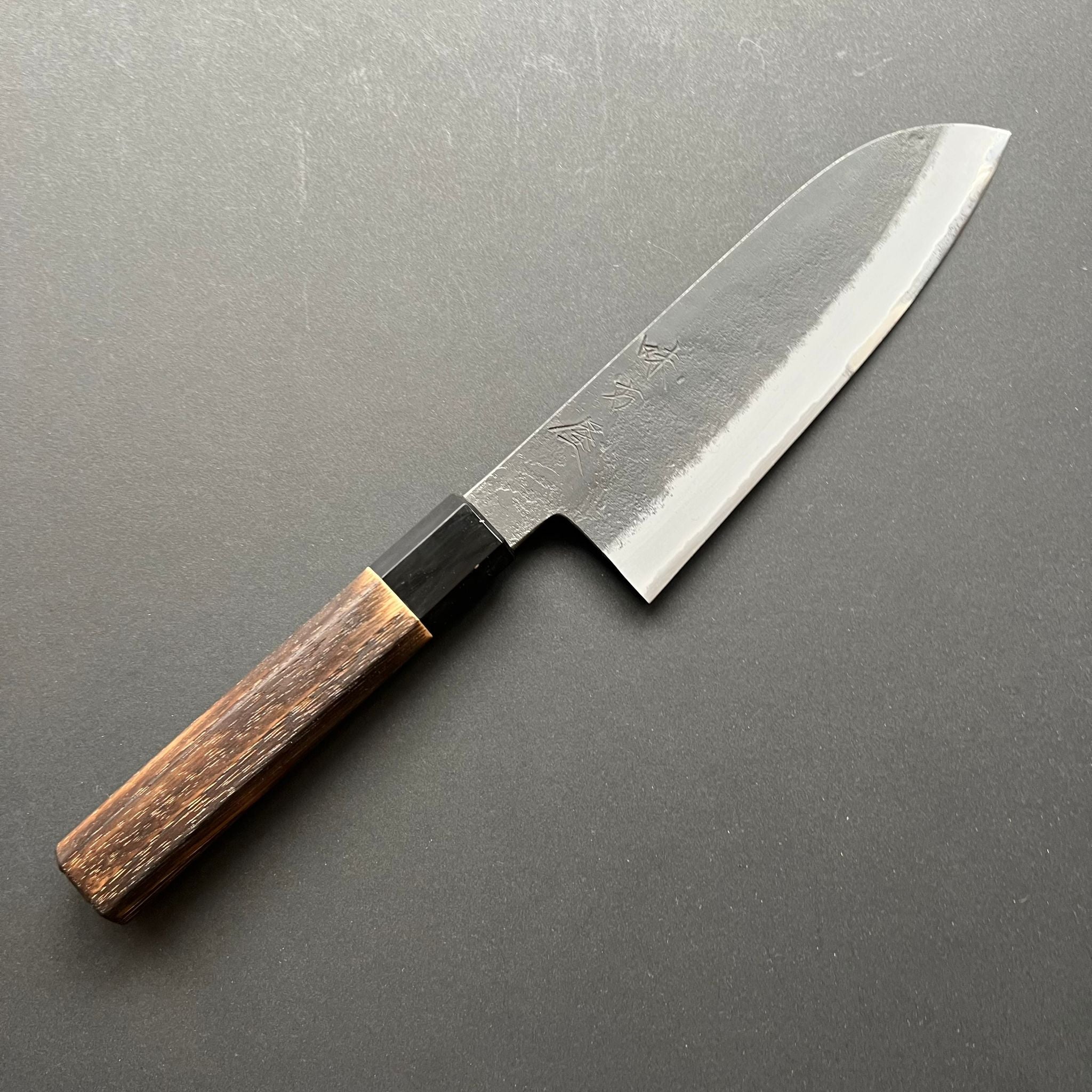 Santoku knife, Shirogami 2 with stainless steel cladding, Kurouchi and Nashiji finish - Mutsumi Hinoura