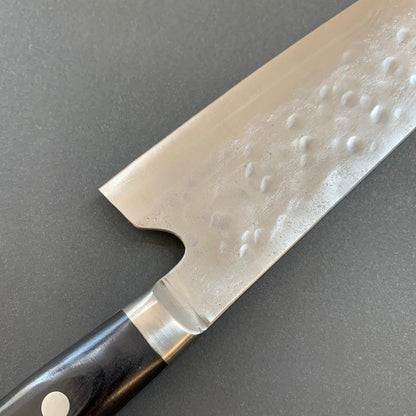 Santoku knife, Shirogami 1 with stainless steel cladding, nashiji finish, western handle, Maboroshi range- Fujiwara