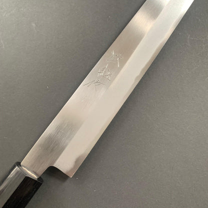 Double bevel Yanagiba knife, shirogami 1 carbon steel, polished finish - Masanobu Okada