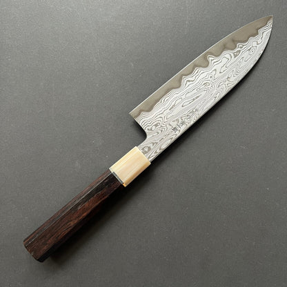 Santoku knife, Aogami 1 carbon steel, Damascus finish with acid etch - Nakagawa Hamono x Naohito Myojin