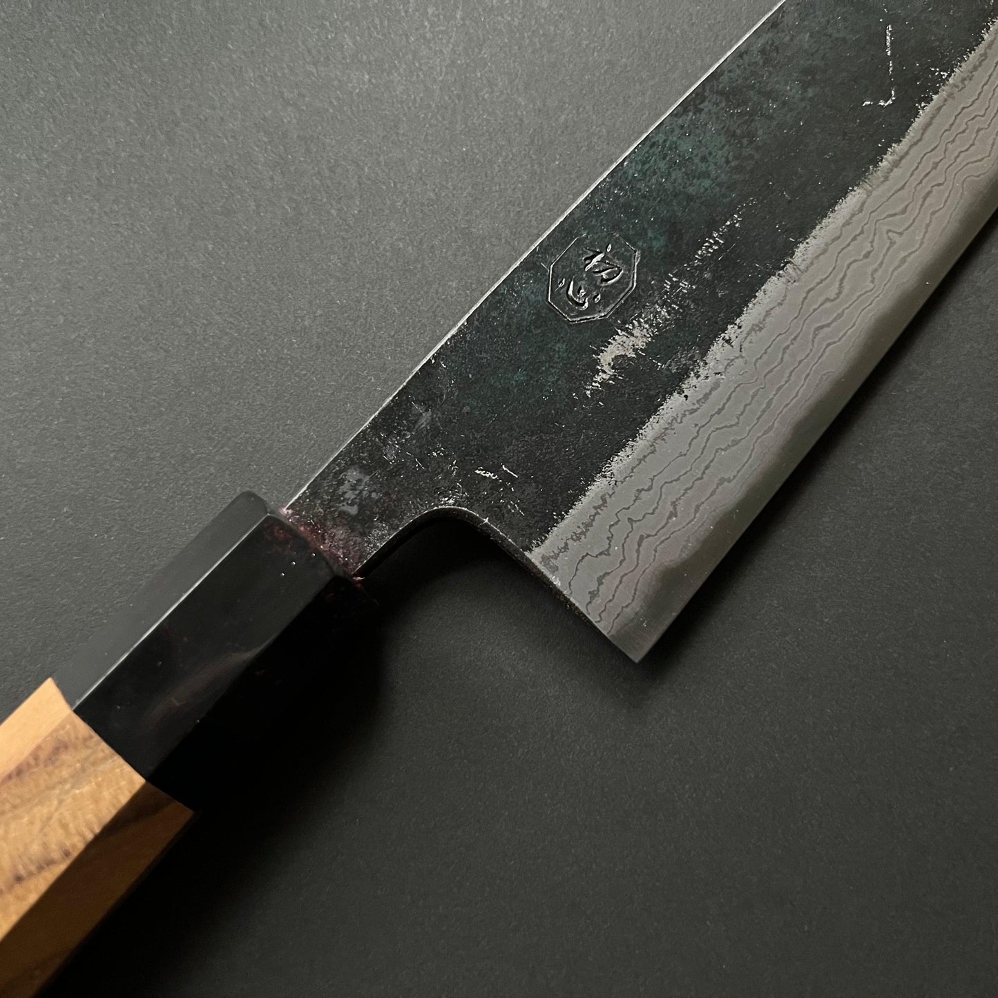 Gyuto knife, Aogami 2 with iron cladding, Kurouchi Damascus finish, Kumokage range - Hatsukokoro