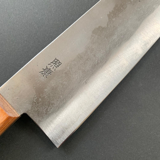 Santoku knife, Shirogami 1 with stainless steel cladding, Nashiji finish, Nashiji range, brown western handle - Fujiwara
