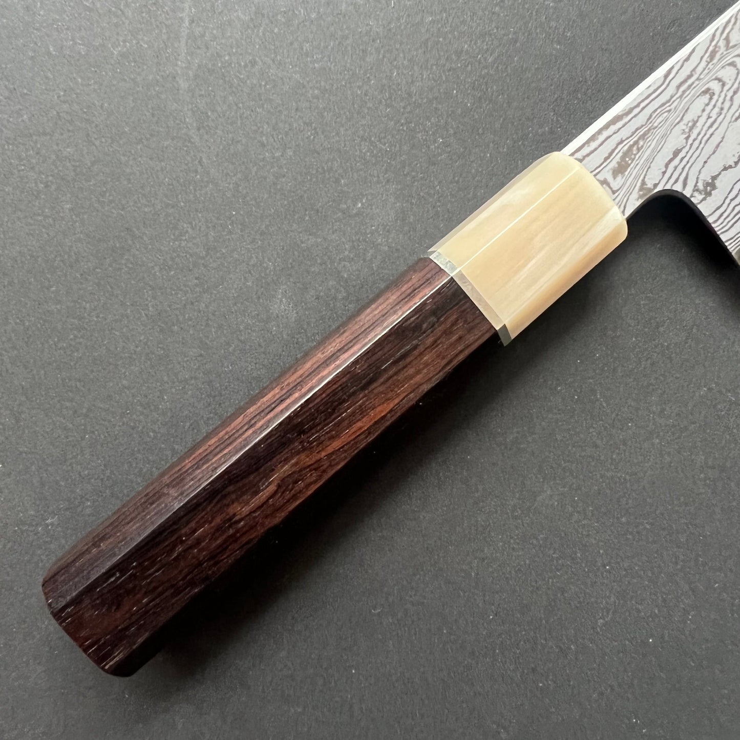 Santoku knife, Aogami 1 carbon steel, Damascus finish with acid etch - Nakagawa Hamono x Naohito Myojin