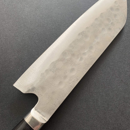 Santoku knife, Shirogami 1 with stainless steel cladding, nashiji finish, western handle, Maboroshi range- Fujiwara
