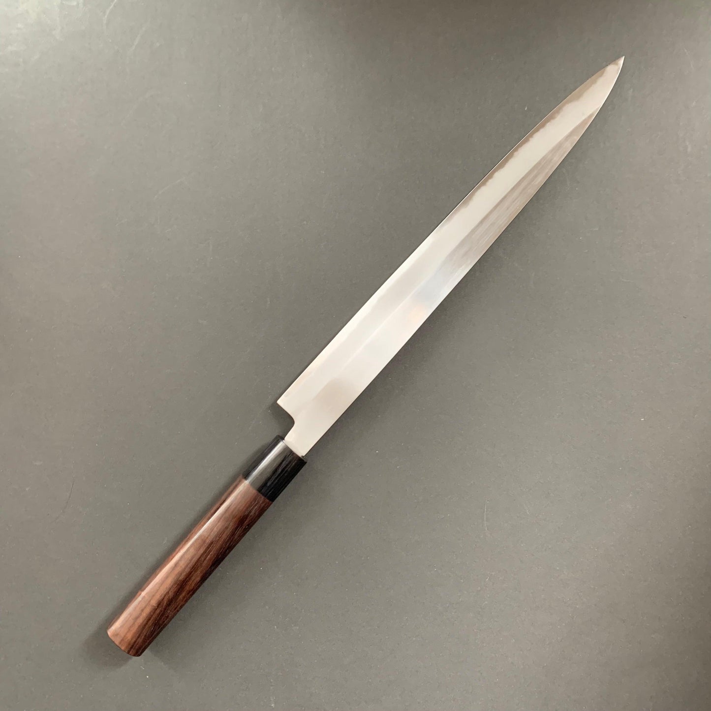 Double bevel Yanagiba knife, shirogami 1 carbon steel, polished finish - Masanobu Okada
