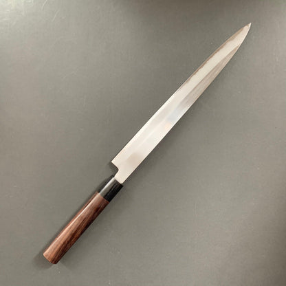 Double bevel Yanagiba knife, shirogami 1 carbon steel, polished finish - Masanobu Okada