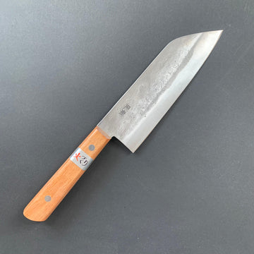 Santoku knife, Shirogami 1 with stainless steel cladding, Nashiji finish, Nashiji range, brown western handle - Fujiwara