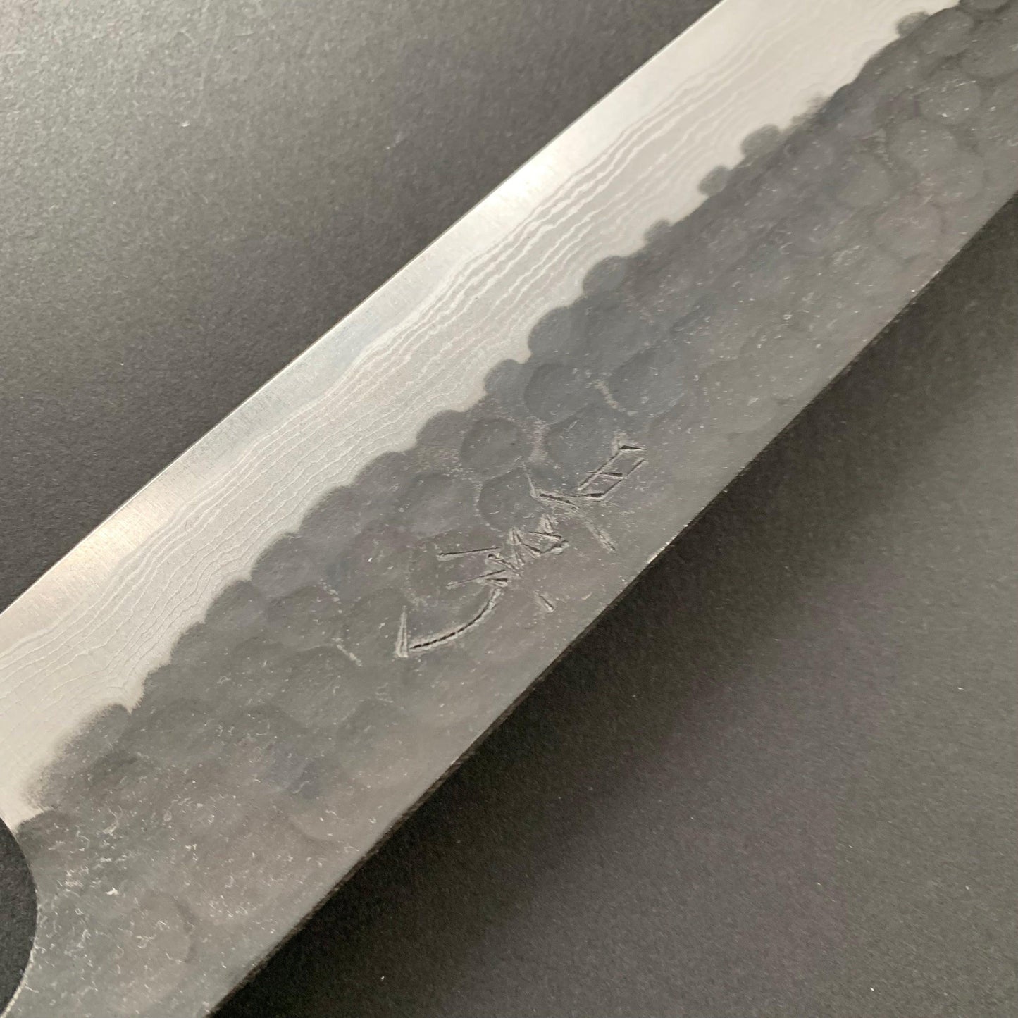 Sujihiki knife, Aogami Super carbon steel, Kurouchi Tsuchime and damascus finish - Akifusa
