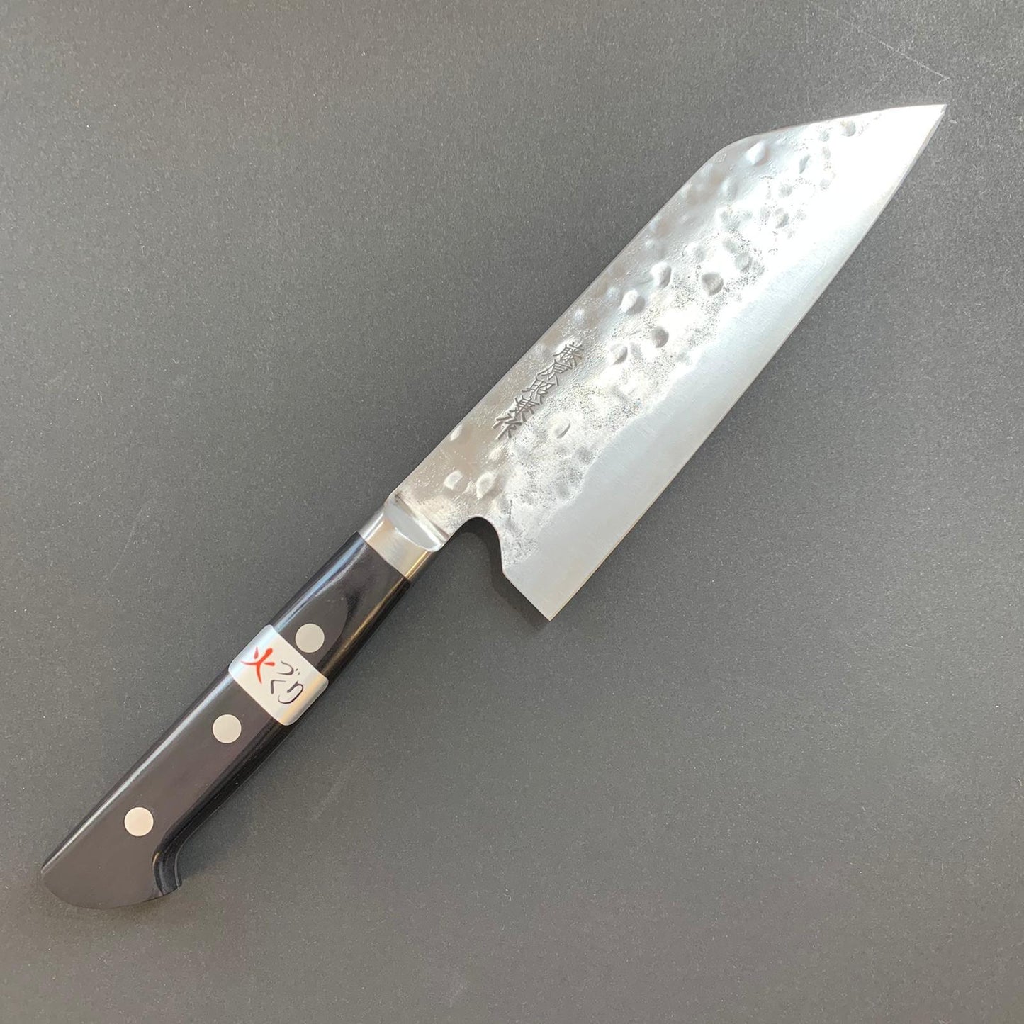 Santoku knife, Shirogami 1 with stainless steel cladding, nashiji finish, western handle, Maboroshi range- Fujiwara