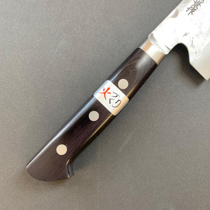 Santoku knife, Shirogami 1 with stainless steel cladding, nashiji finish, western handle, Maboroshi range- Fujiwara