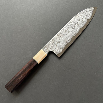 Santoku knife, Aogami 1 carbon steel, Damascus finish with acid etch - Nakagawa Hamono x Naohito Myojin