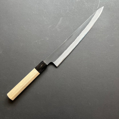 Sujihiki knife, Shirogami 2 with iron cladding, Kurouchi finish - Mutsumi Hinoura