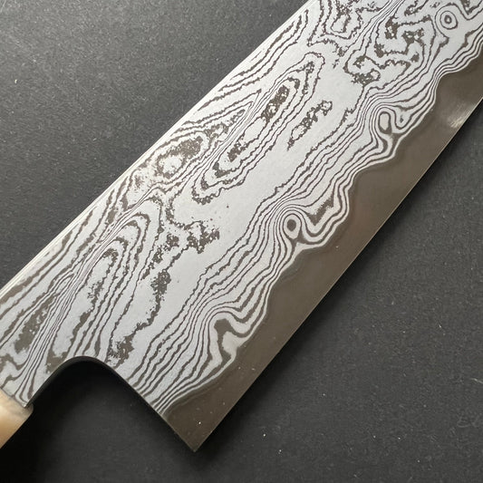 Santoku knife, Aogami 1 carbon steel, Damascus finish with acid etch - Nakagawa Hamono x Naohito Myojin
