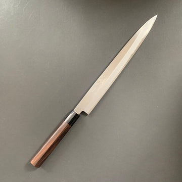Double bevel Yanagiba knife, shirogami 1 carbon steel, polished finish - Masanobu Okada