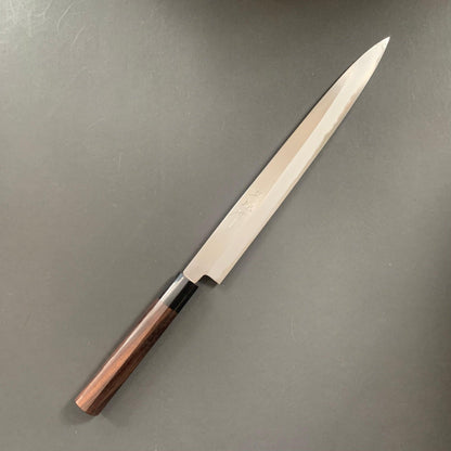 Double bevel Yanagiba knife, shirogami 1 carbon steel, polished finish - Masanobu Okada