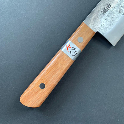Santoku knife, Shirogami 1 with stainless steel cladding, Nashiji finish, Nashiji range, brown western handle - Fujiwara