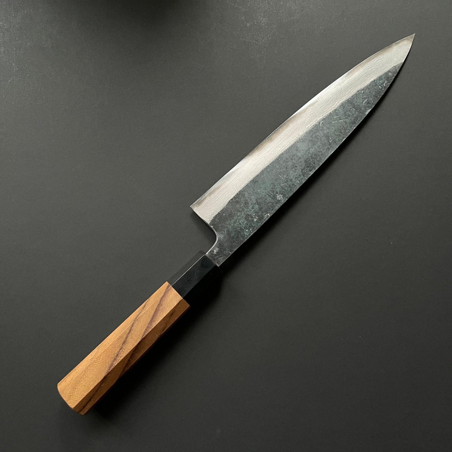 Gyuto knife, Aogami 2 with iron cladding, Kurouchi Damascus finish, Kumokage range - Hatsukokoro