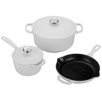 Le Creuset 5 Piece Signature Set w/Stainless Steel Knob - White (5.5 qt. RDO, 1.75 qt. Saucepan, 9" Skillet)